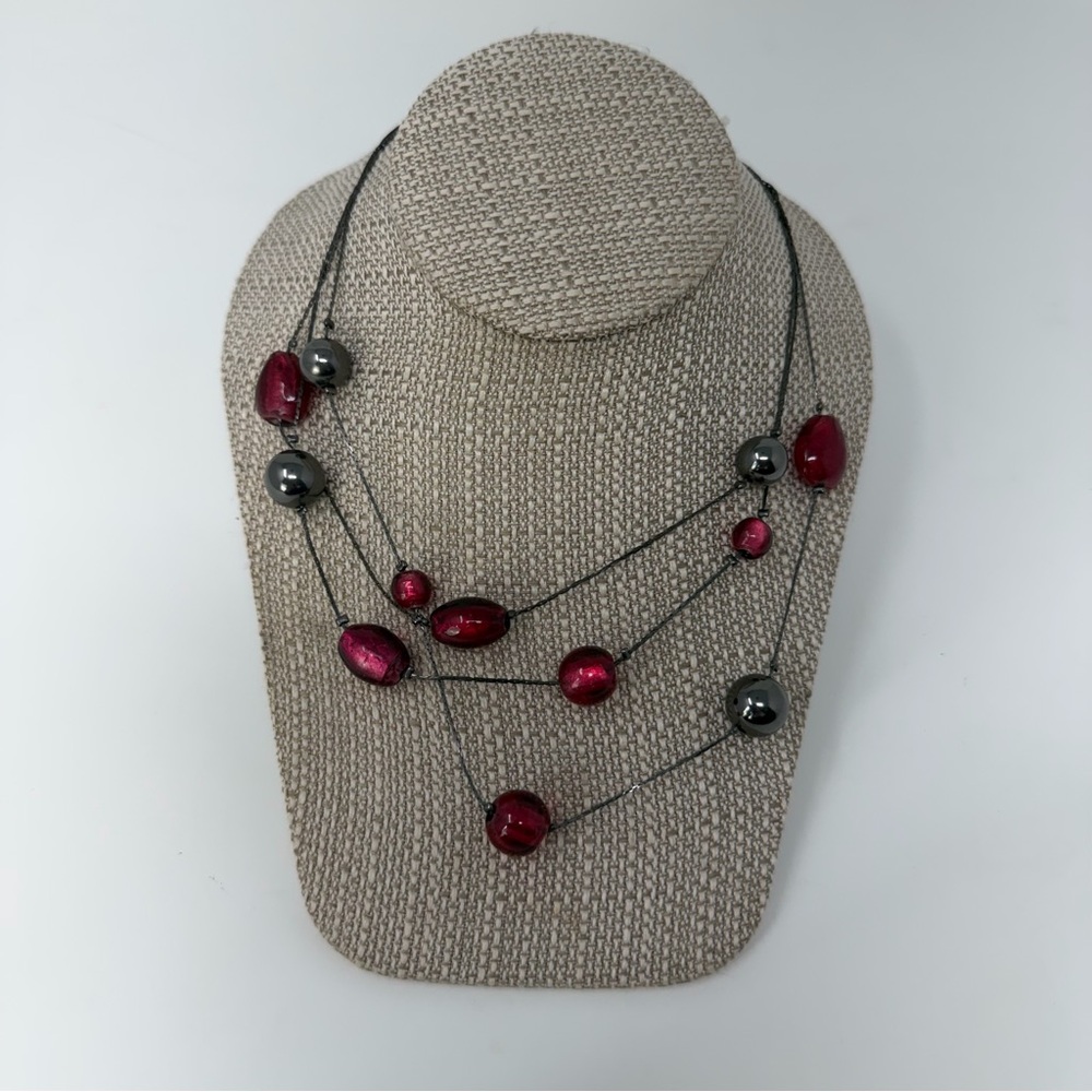 Modern Multi-Strand Red Glass & Hematite Necklace – Boutique Statement Piece